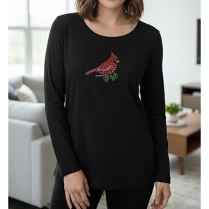 Quacker Factory Black Red Rhinestone Cardinal‎ Bird Knit Top Size 1X